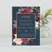 Boho navy burgundy blush floral vow vernieuwing kaart (Staand voorkant)
