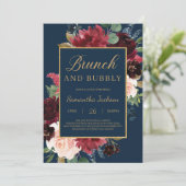 Boho navy burgundy floral brunch en bubbly kaart (Staand voorkant)