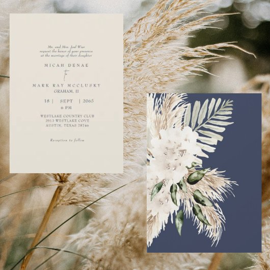 Boho Navy & Crème Pampas Bruiloft Kaart