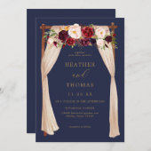 Boho Navy en Burgundy Floral Wedding Kaart (Voorkant / Achterkant)