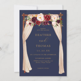Boho Navy en Burgundy Floral Wedding Kaart