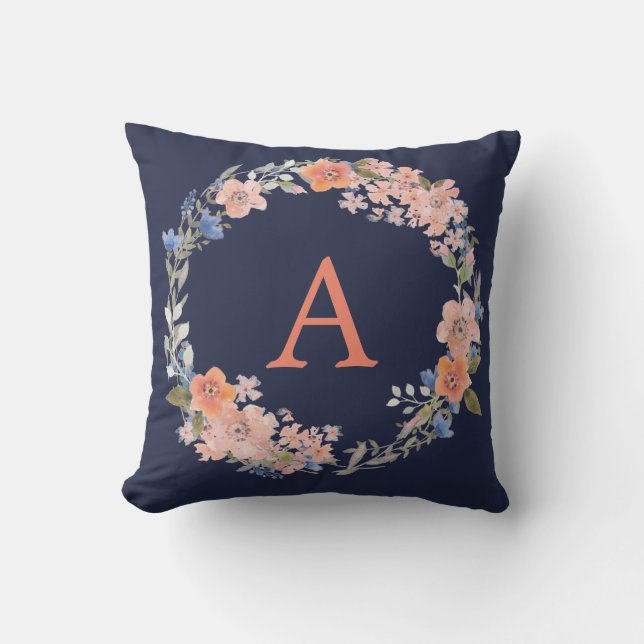 Boho Navy en Peach Monogram Floral Wreath Pillow Kussen (Voorkant)