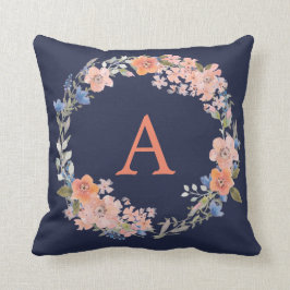 Boho Navy en Peach Monogram Floral Wreath Pillow Kussen