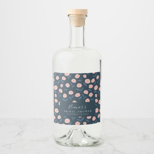 Boho Navy en Pink Floral Custom Vrijgezellenfeest Likeurfles Etiket (Voorkant)