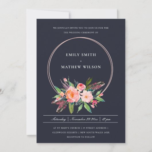 BOHO NAVY FEATHER BLUSH FLORAL WREATDING WEDDING KAART (Voorkant)