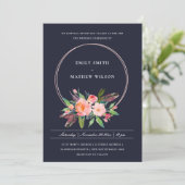 BOHO NAVY FEATHER BLUSH FLORAL WREATDING WEDDING KAART (Staand voorkant)