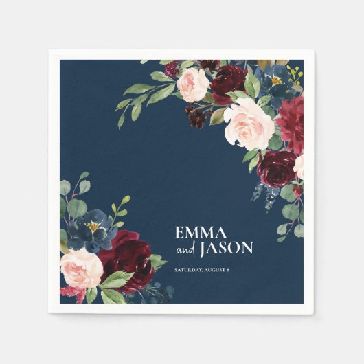 Boho Navy Floral Burgundy Blush Wedding Napkins Servet (Voorkant)