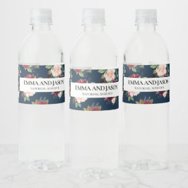 Boho Navy Floral Burgundy Water Fles Label Waterfles Etiket