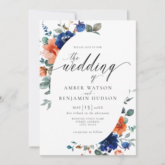Boho Navy Floral Burnt Oranje Elegant Wedding Kaart (Voorkant)