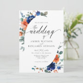Boho Navy Floral Burnt Oranje Elegant Wedding Kaart (Staand voorkant)