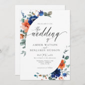 Boho Navy Floral Burnt Oranje Elegant Wedding Kaart (Voorkant / Achterkant)