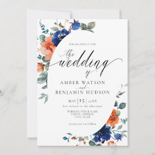 Boho Navy Floral Burnt Oranje Elegant Wedding Kaart