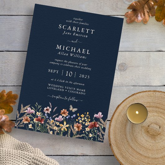 Boho Navy Floral Wedding Invitation Kaart
