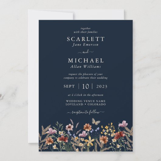 Boho Navy Floral Wedding Invitation Kaart (Voorkant)
