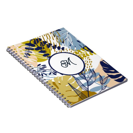 Boho Navy Groen Tan Bladeren Notebook Notitieboek (Rechterzijde)