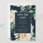 Boho Navy & Ivory Rozen Elegant Save the Date Kaart (Voorkant)