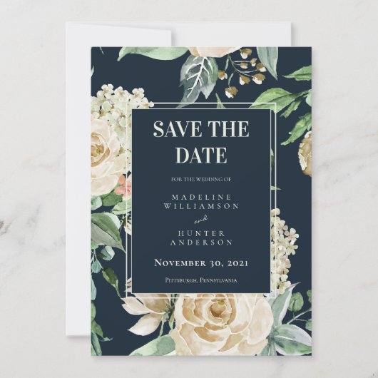 Boho Navy & Ivory Rozen Elegant Save the Date Kaart (Voorkant)