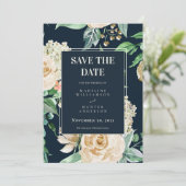 Boho Navy & Ivory Rozen Elegant Save the Date Kaart (Staand voorkant)