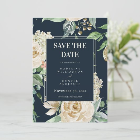 Boho Navy & Ivory Rozen Elegant Save the Date Kaart (Staand voorkant)