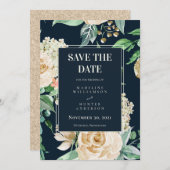 Boho Navy & Ivory Rozen Elegant Save the Date Kaart (Voorkant / Achterkant)