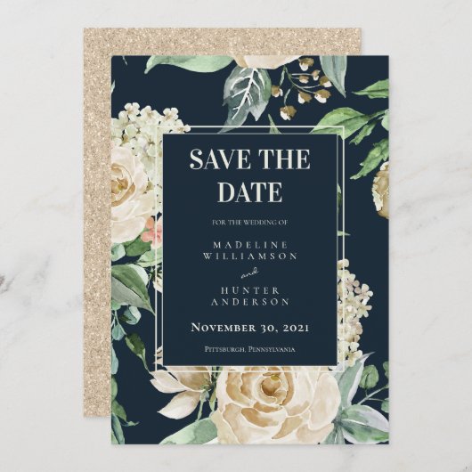 Boho Navy & Ivory Rozen Elegant Save the Date Kaart (Voorkant / Achterkant)