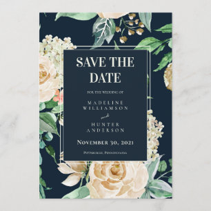 Boho Navy & Ivory Rozen Elegant Save the Date Kaart