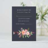 BOHO NAVY LAND BLUSH ARROW FLORAL WEDDING RSVP KAARTJE (Staand voorkant)