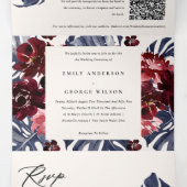 Boho Navy Maroon Monstera Floral QR Code Weddensch Drieluik Uitnodiging (Binnenkant midden)