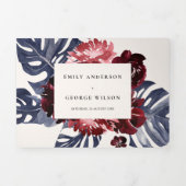 Boho Navy Maroon Monstera Floral QR Code Weddensch Drieluik Uitnodiging (Cover)