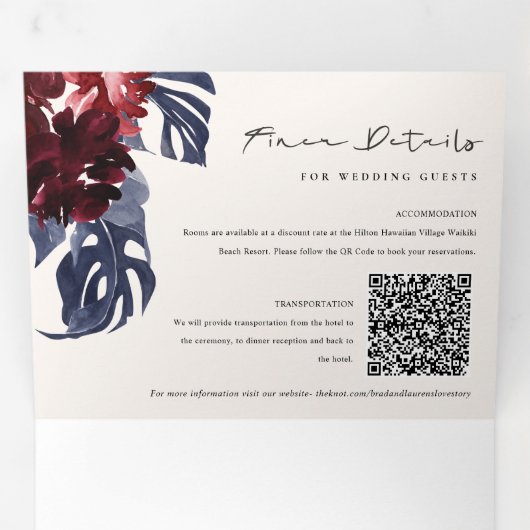 Boho Navy Maroon Monstera Floral QR Code Weddensch Drieluik Uitnodiging (Binnenzijde eerst)