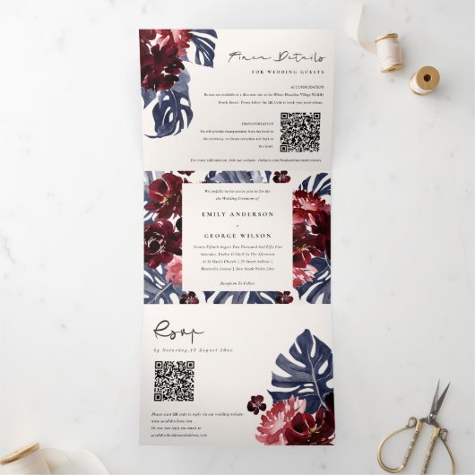 Boho Navy Maroon Monstera Floral QR Code Weddensch Drieluik Uitnodiging (Binnen)