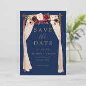 Boho Navy Marsala Bloemen Boog Gouden Bloemen Save The Date (Staand voorkant)