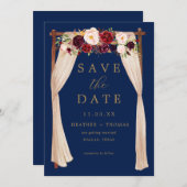 Boho Navy Marsala Bloemen Boog Gouden Bloemen Save The Date (Voorkant / Achterkant)