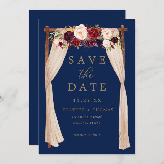 Boho Navy Marsala Bloemen Boog Gouden Bloemen Save The Date (Voorkant / Achterkant)
