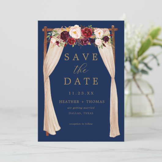 Boho Navy Marsala Flowers Arch Gold Floral Save The Date (Staand voorkant)