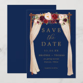 Boho Navy Marsala Flowers Arch Gold Floral Save The Date (Voorkant / Achterkant)