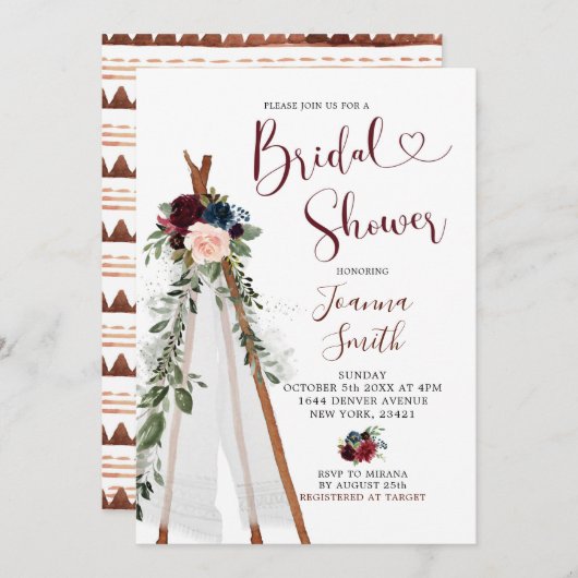 Boho Navy Marsala Teepee Bridal Shower Kaart (Voorkant / Achterkant)