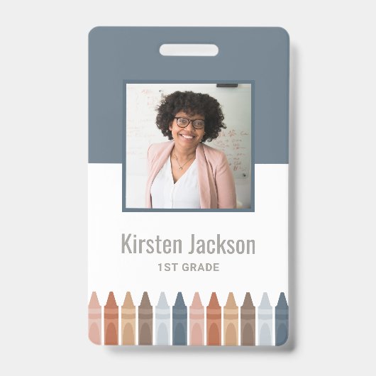 Boho Navy Onderwijs Naamlabel Foto ID Badge (Voorzijde)