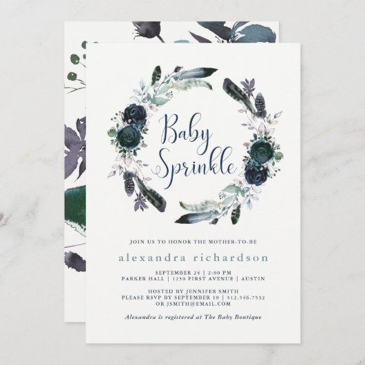 Boho Navy Peony Bloemenkrans Baby Sprinkle Kaart (Voorkant / Achterkant)
