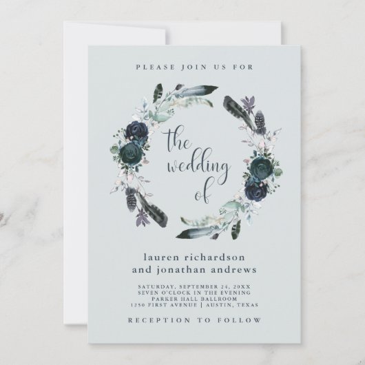 Boho Navy Peony Bloemenkrans op grijs | Bruiloft Kaart (Voorkant)