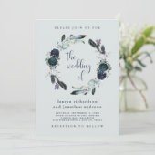 Boho Navy Peony Bloemenkrans op grijs | Bruiloft Kaart (Staand voorkant)