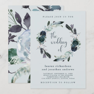 Boho Navy Peony Bloemenkrans op grijs   Bruiloft Kaart