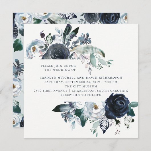 Boho Navy Peony Floral Wedding Kaart (Voorkant / Achterkant)