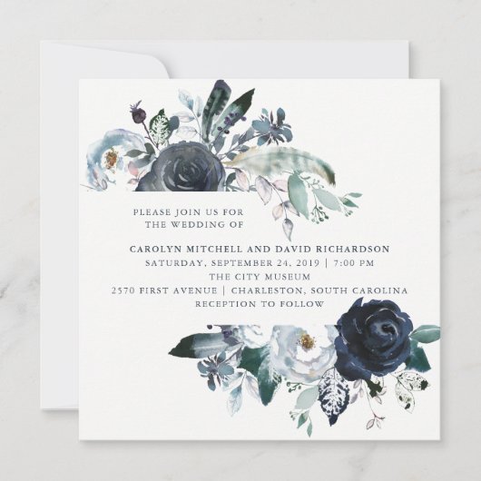 Boho Navy Peony Floral Wedding Kaart (Voorkant)