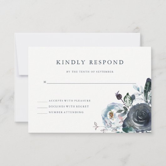Boho Navy Peony Floral Wedding RSVP (Voorkant)