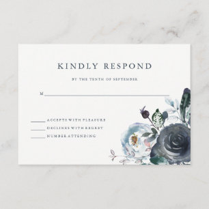 Boho Navy Peony Floral Wedding RSVP Kaartje