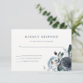 Boho Navy Peony Floral Wedding RSVP Kaartje (Staand voorkant)