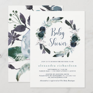 Boho Navy Peony Floral Wreath Baby shower Kaart