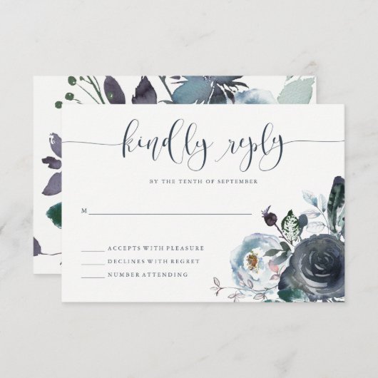 Boho Navy Peony RSVP | Moderne kalligrafie (Voorkant / Achterkant)
