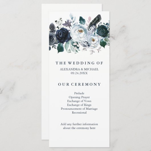 Boho Navy Peony | Trouwprogramma Programmakaart (Voorkant / Achterkant)